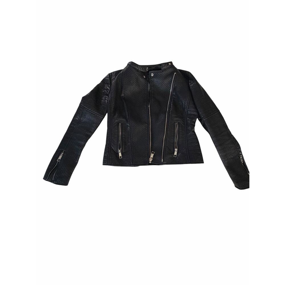 GUESS Black Textured Leather Moto Jacket 🕷️ Quilted Biker Zip Medium - Picture 5 of 8